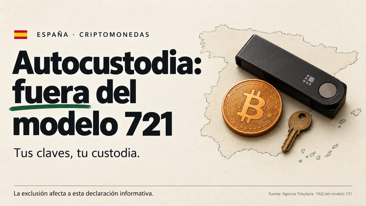 Autocustodia de criptomonedas fuera del modelo 721: moneda de Bitcoin, hardware wallet y llave sobre el mapa de España